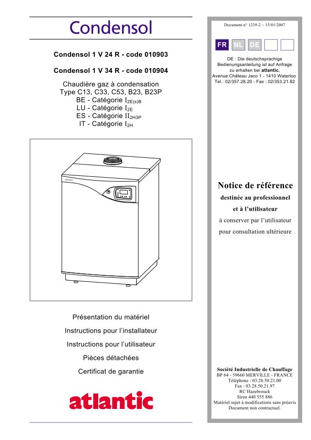 Première page : Notice d'installation Atlantic Solutions Chaufferie CONDENSOL 1 V 34 R