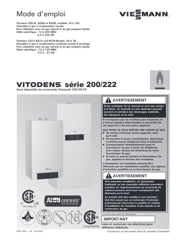 Premiere page : Notice d'utilisation Viessmann VITODENS 200-W B2HA 125kW (7506550)