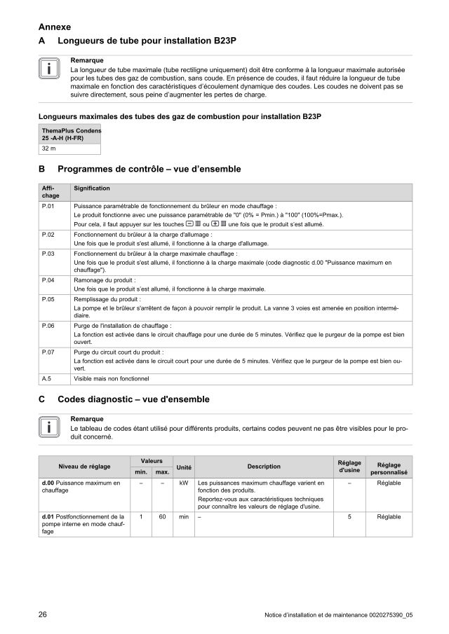 Première page : Tableau des paramètres Saunier Duval ThemaPlus Condens 25-A