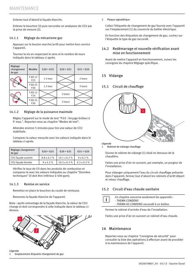Première page : Reglages combustion Saunier Duval THEMA CONDENS F 25