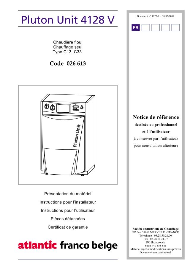 Premiere page : Notice d'installation Atlantic PLUTON UNIT 4128 BV (026616)
