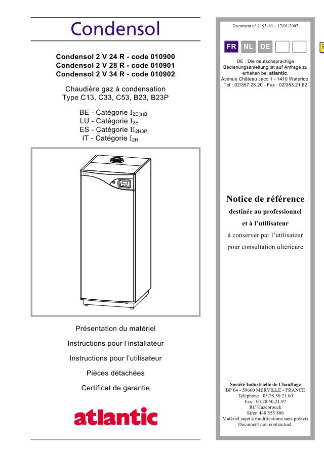 Première page : Notice d'utilisation Atlantic Solutions Chaufferie CONDENSOL 2V24 R