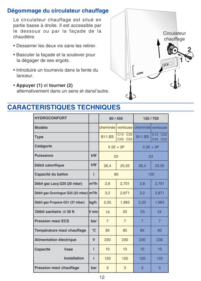 Première page : Fiche technique Frisquet HYDROCONFORT VENT EVOLUTION 25 KW 80-120L @0807000-1228000