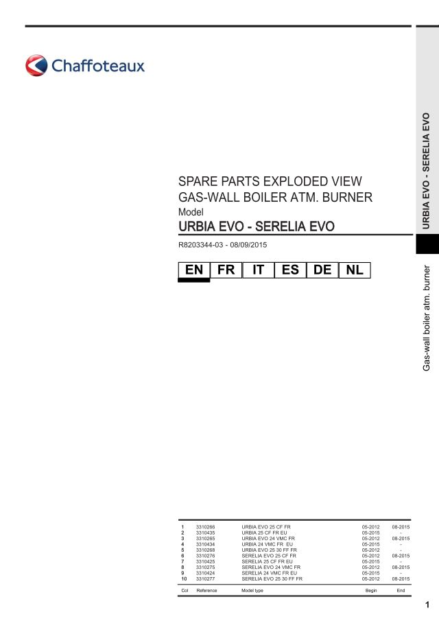 Premiere page : Vue éclatée et pièces détachées Chaffoteaux URBIA EVO 24 VMC FR (3310265)