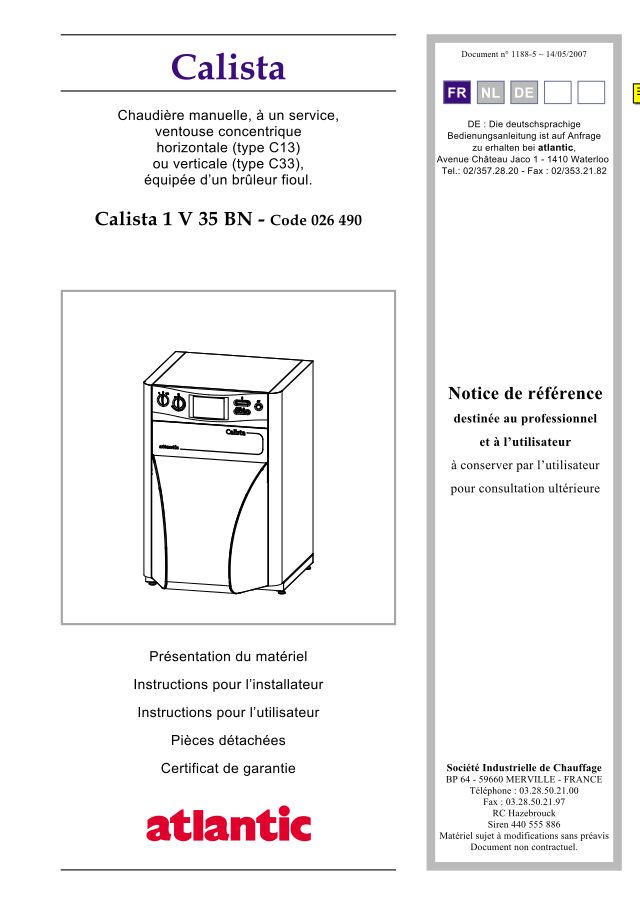 Première page : Notice d'installation Atlantic CALISTA CONDENS 1 CH V 35 BN