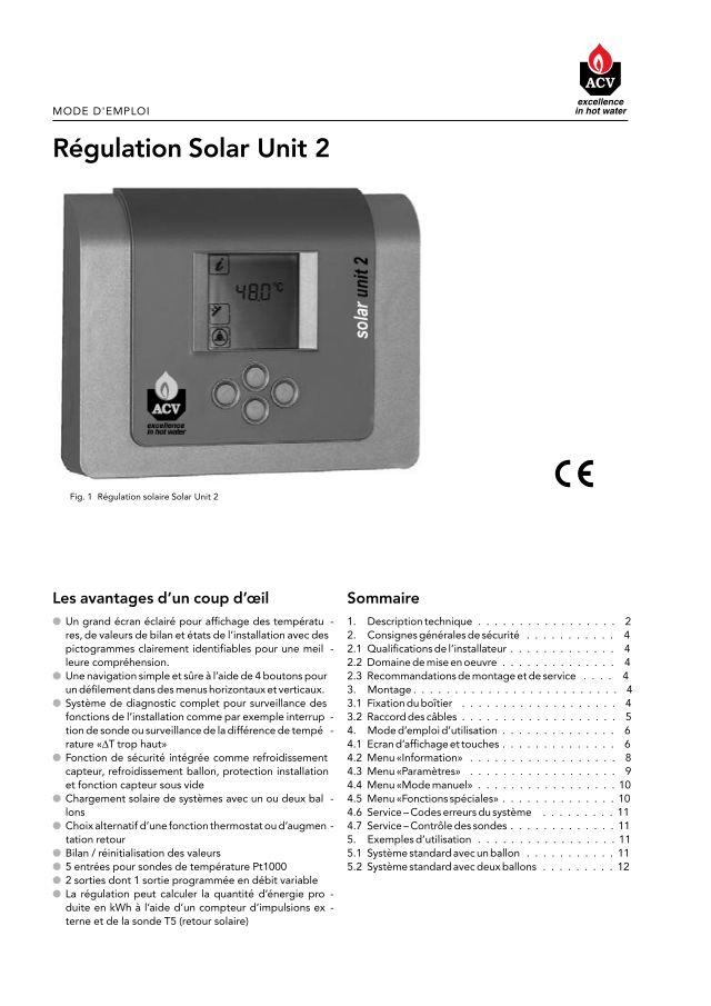 Première page : Notice d'utilisation ACV SOLAR UNIT 2