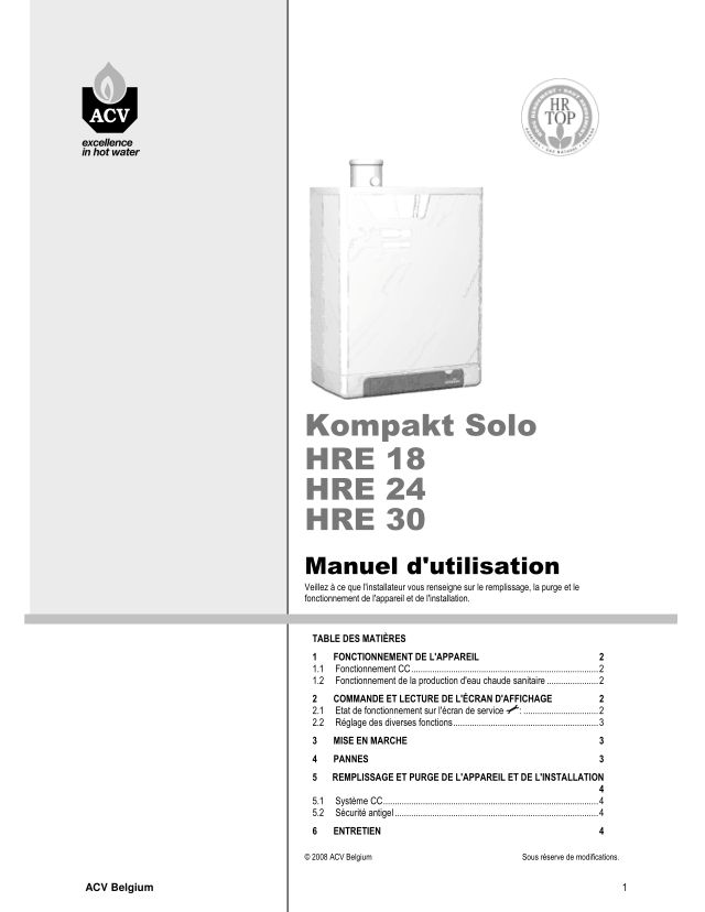 Premiere page : Notice d'utilisation ACV Kombi Kompakt HRE 24/18 (I048847)