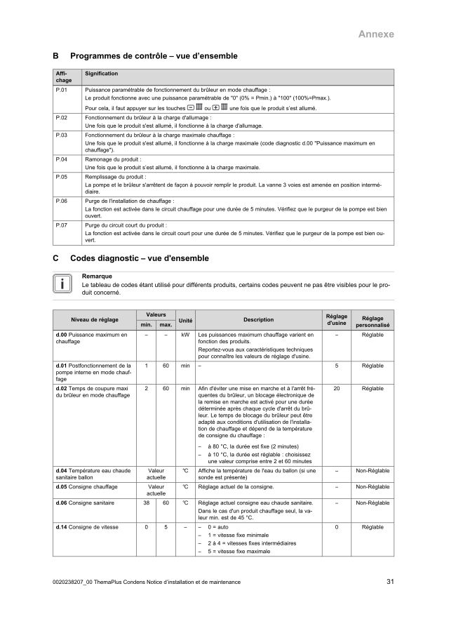 Première page : Tableau des paramètres Saunier Duval ThemaPlus Condens 35-B