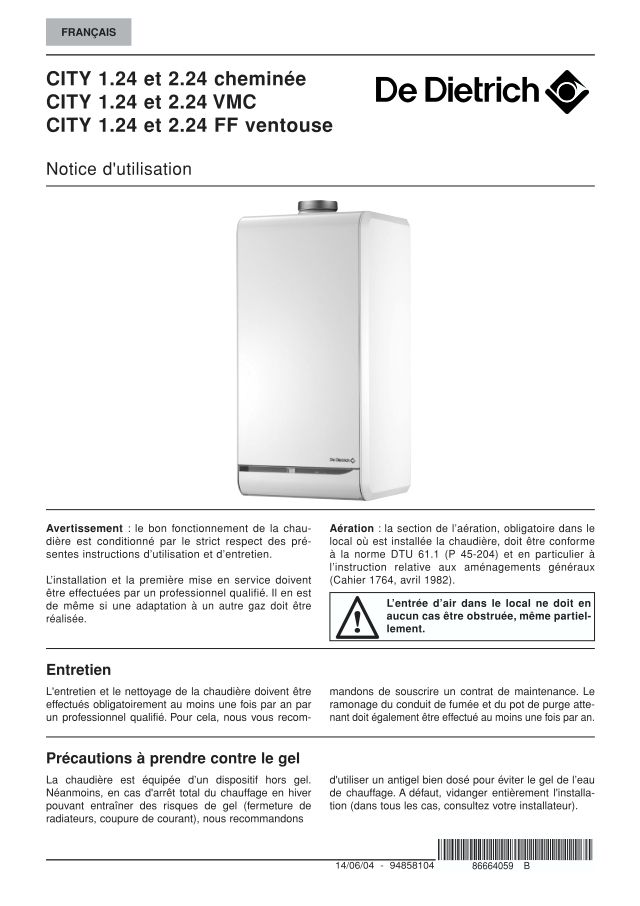 Première page : Notice d'utilisation De Dietrich CITY 1.24 VMC