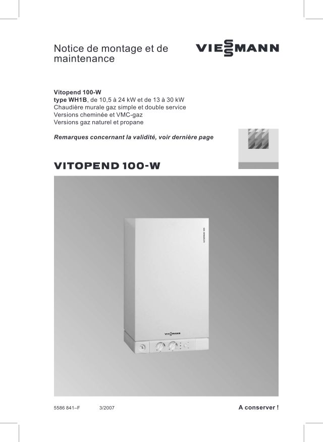 Première page : Notice d'installation Viessmann VITOPEND 100-W WH1B 30kW (NAT)