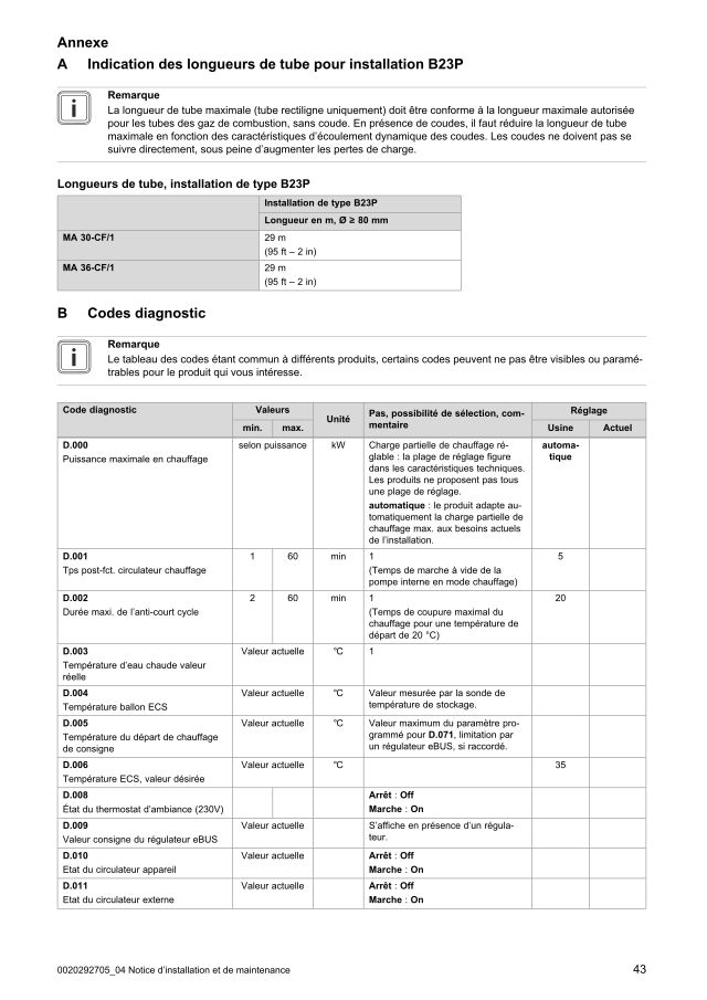 Première page : Tableau des paramètres Saunier Duval ThemaPlus H-Condens MA 36-CF/1