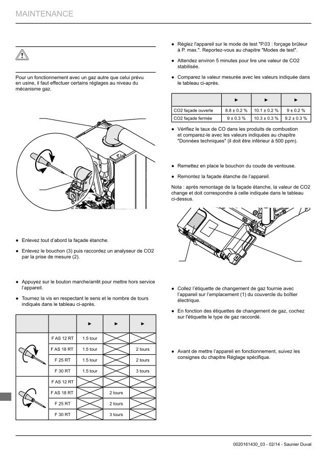 Première page : Reglages combustion Saunier Duval Thema Condens F AS 12 RT