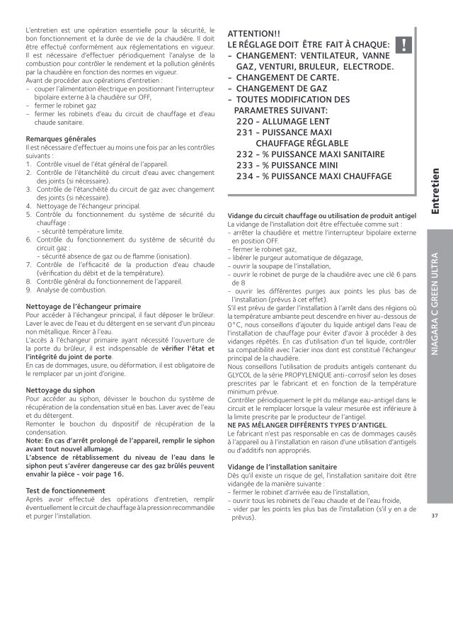 Première page : Notice de maintenance Chaffoteaux NIAGARA C GREEN ULTRA 25