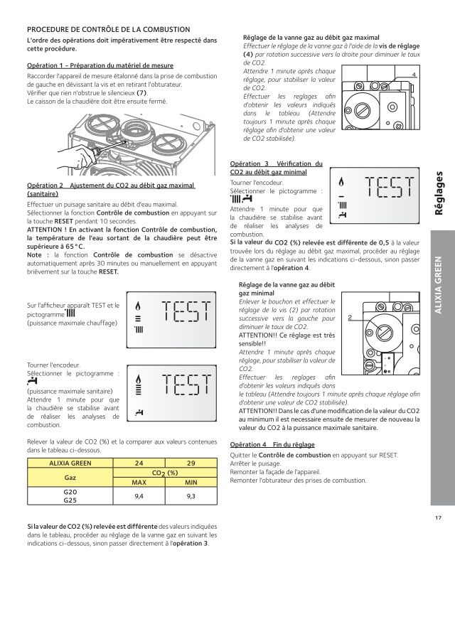Première page : Reglages combustion Chaffoteaux ALIXIA GREEN 24