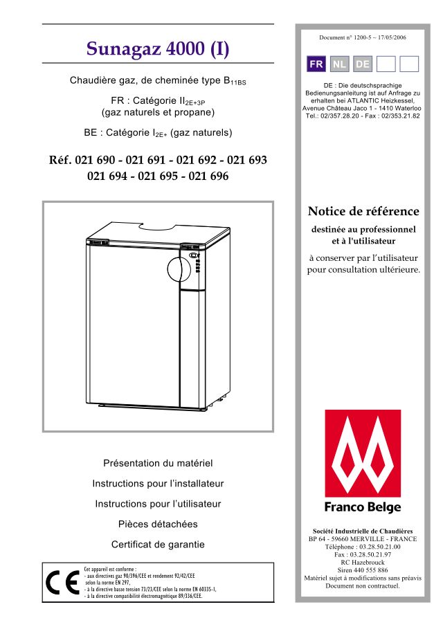 Première page : Notice d'installation Atlantic SUNAGAZ 4042