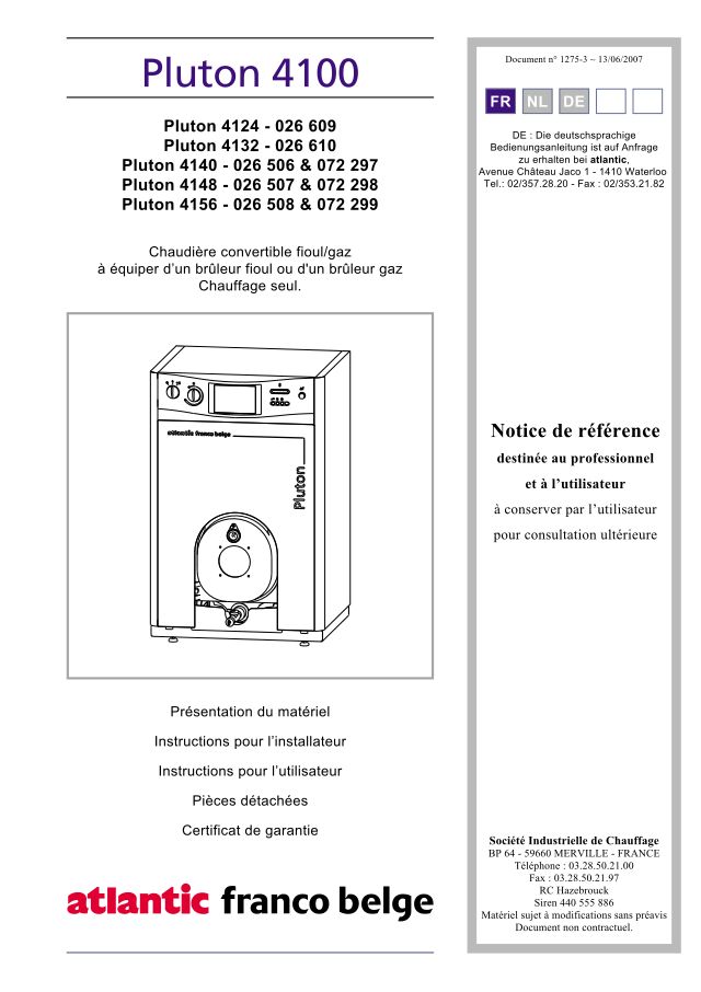 Première page : Notice d'installation Atlantic PLUTON 4132