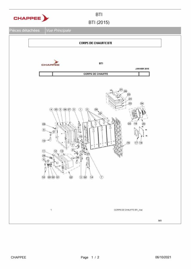 Premiere page : Vue éclatée et pièces détachées Chappee BTI (2015)