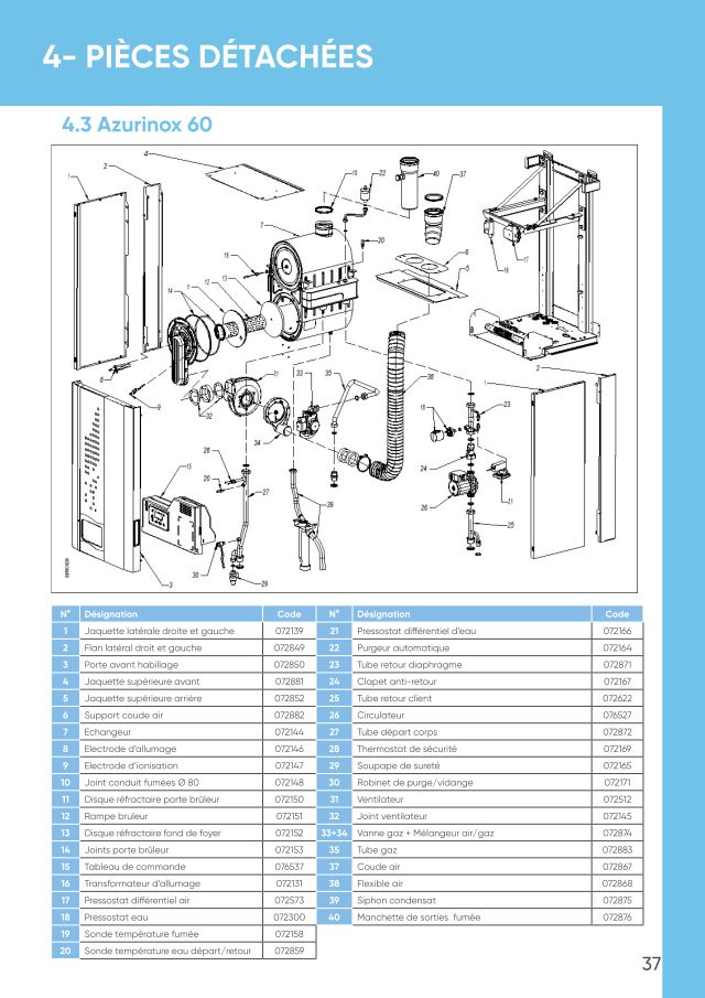 Première page : Pièces détachées Atlantic Solutions Chaufferie AZURINOX 80
