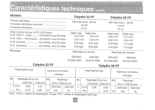 Première page : Reglages combustion Chaffoteaux CALYDRA 23 FF P FR