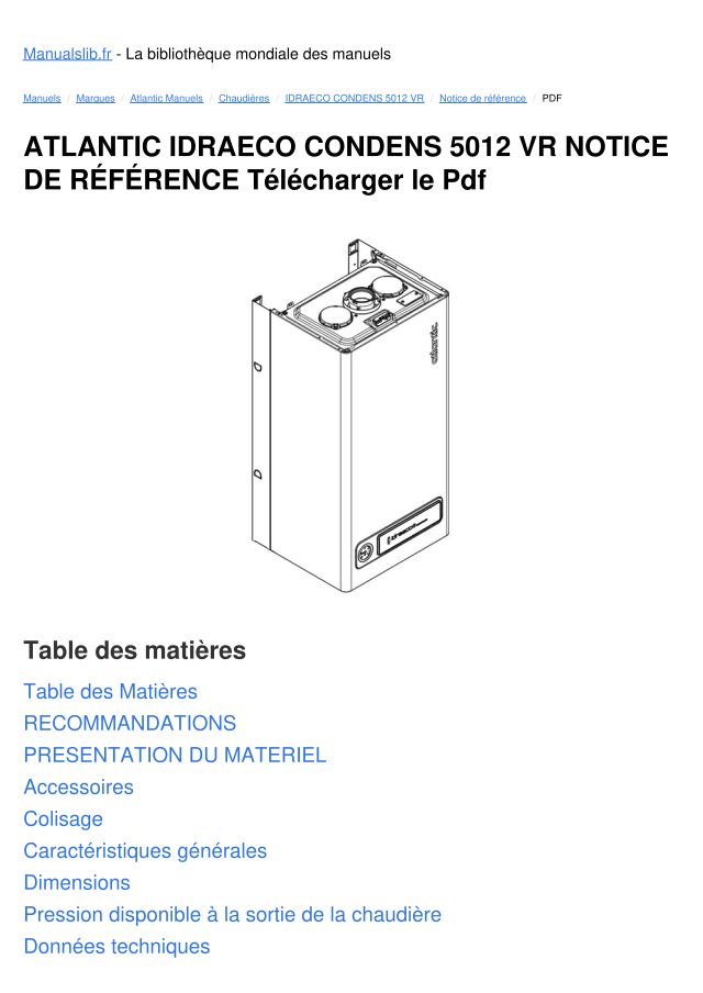 Première page : Notice d'installation Atlantic IDRAECO CONDENS 5012