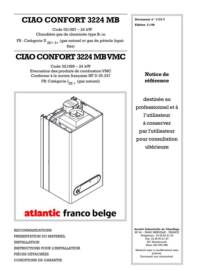 Première page : Notice d'installation Atlantic CIAO 3224 MB VMC