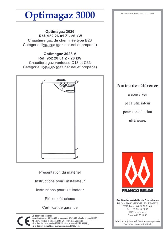Première page : Notice d'installation Atlantic OPTIMAGAZ 3026