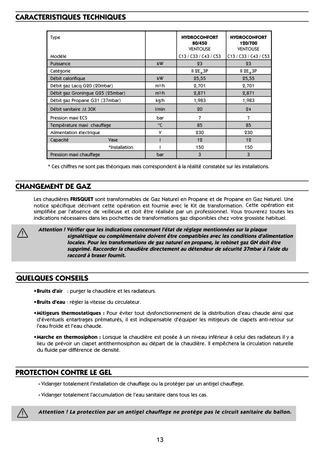 Première page : Fiche technique Frisquet HYDROCONFORT VENT 23 KW 120/700 @9628000-0009000