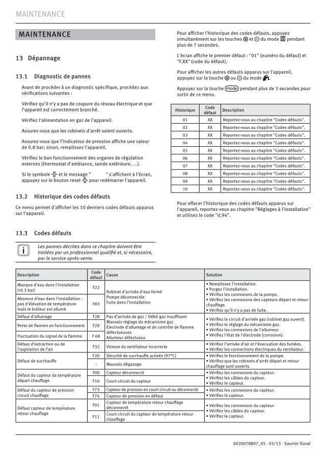 Première page : Tableau des codes erreur Saunier Duval THEMA CONDENS F 25