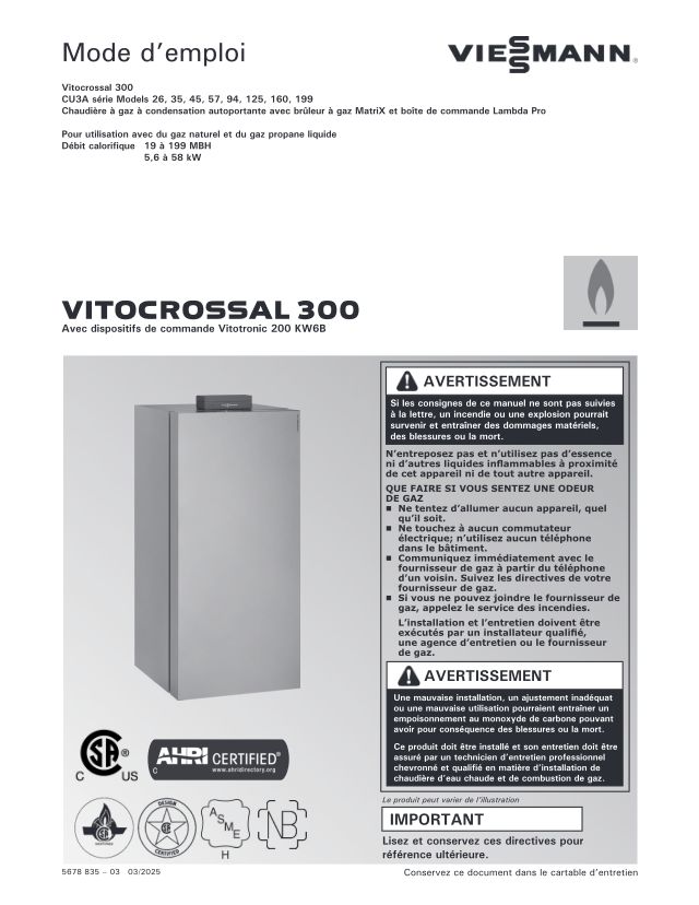 Première page : Notice d'utilisation Viessmann VITOCROSSAL 300 CU3A 35kW