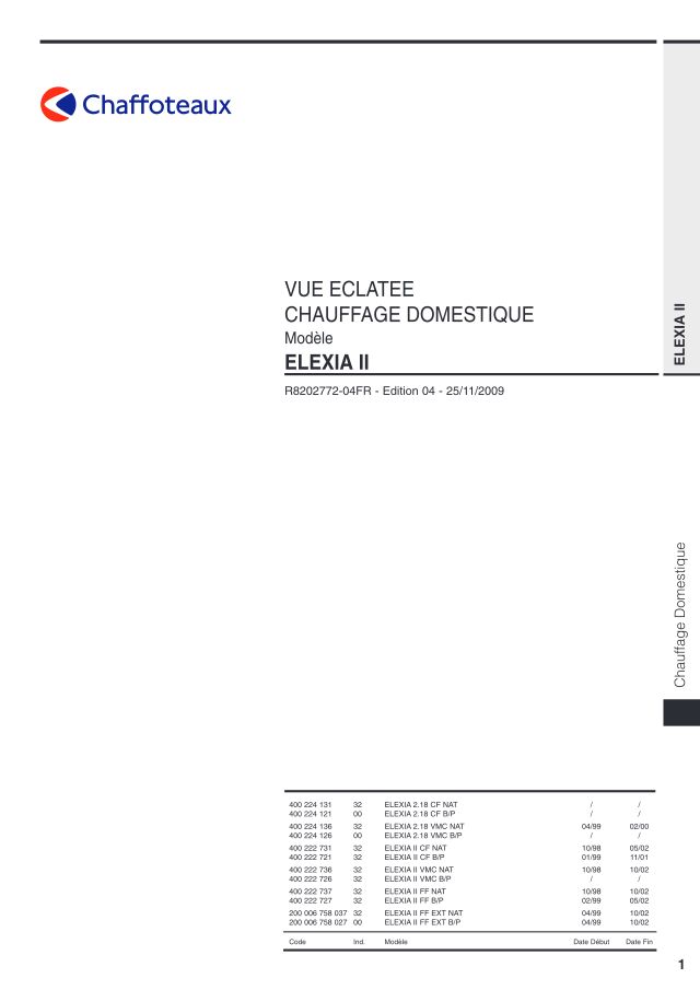 Premiere page : Vue éclatée et pièces détachées Chaffoteaux ELEXIA II 2.23 VMC P FR (400222726)