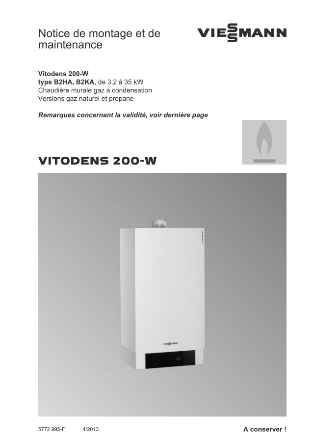 Première page : Notice d'installation Viessmann VITODENS 200-W B2HA 13kW