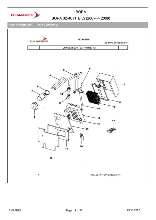 Premiere page : Vue éclatée et pièces détachées Chappee BORA FIOUL HTE Ci 40 KW (2010→2015)
