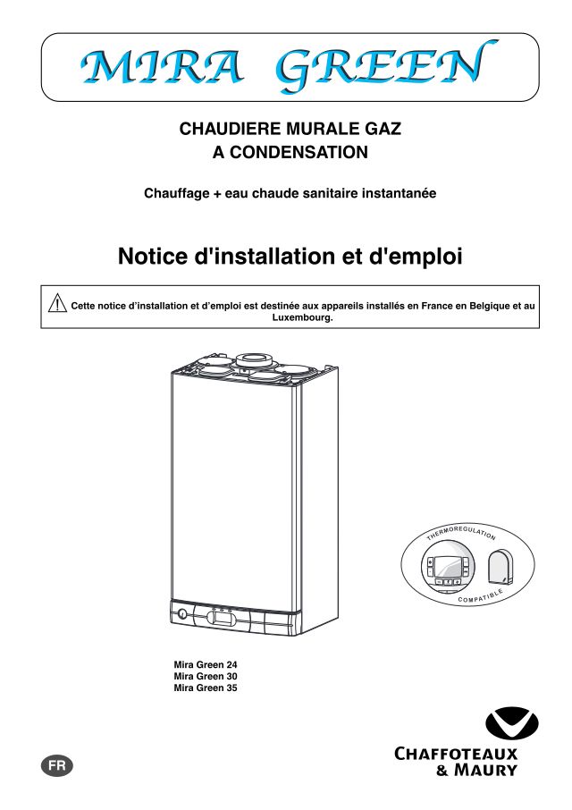 Première page : Notice d'utilisation Chaffoteaux MIRA GREEN 35 NAT (FR/BE/ES)