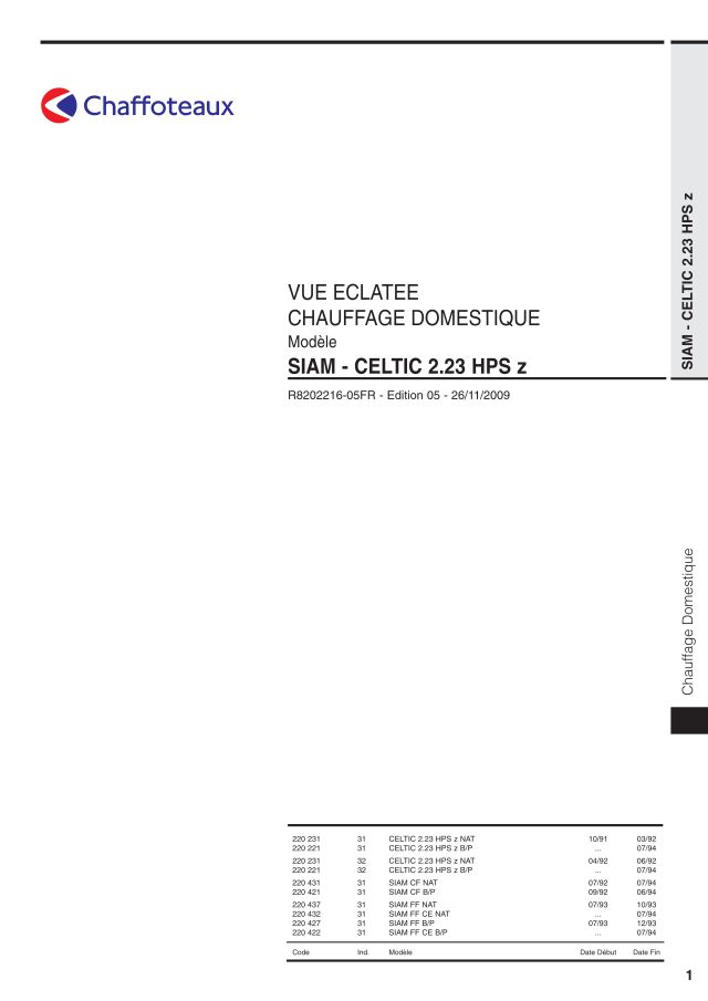 Première page : Pièces détachées Chaffoteaux SIAM FF P FR