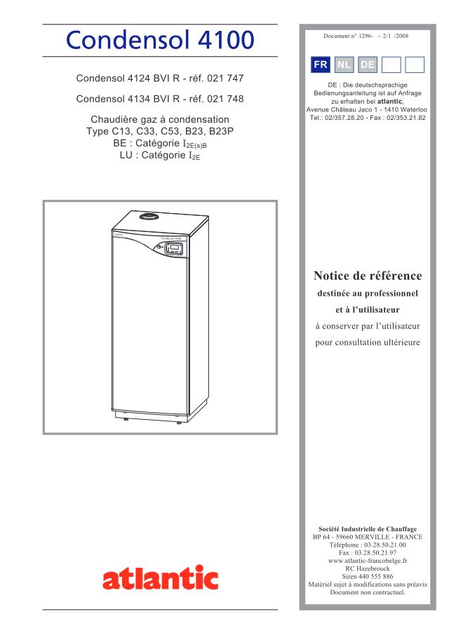 Premiere page : Notice d'installation Atlantic Solutions Chaufferie CONDENSOL 4134 BVI R (021748)
