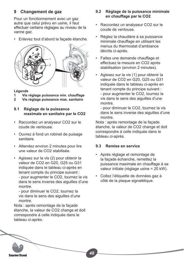 Première page : Reglages combustion Saunier Duval IsoMax Condens F 30-B N-FR
