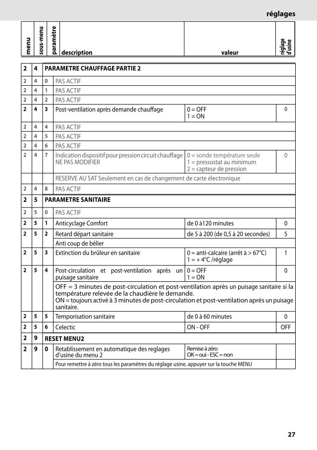 Première page : Tableau des paramètres Chaffoteaux INOA 30 CF N FR