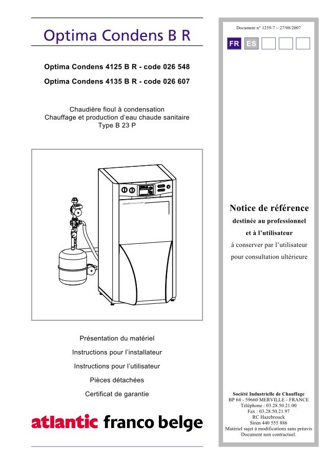 Première page : Notice d'installation Atlantic OPTIMA CONDENS PACK 4135 BV