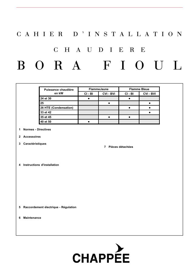 Première page : Notice d'installation Chappee BORA FIOUL HTE CVi 26 kW (2005→2009)