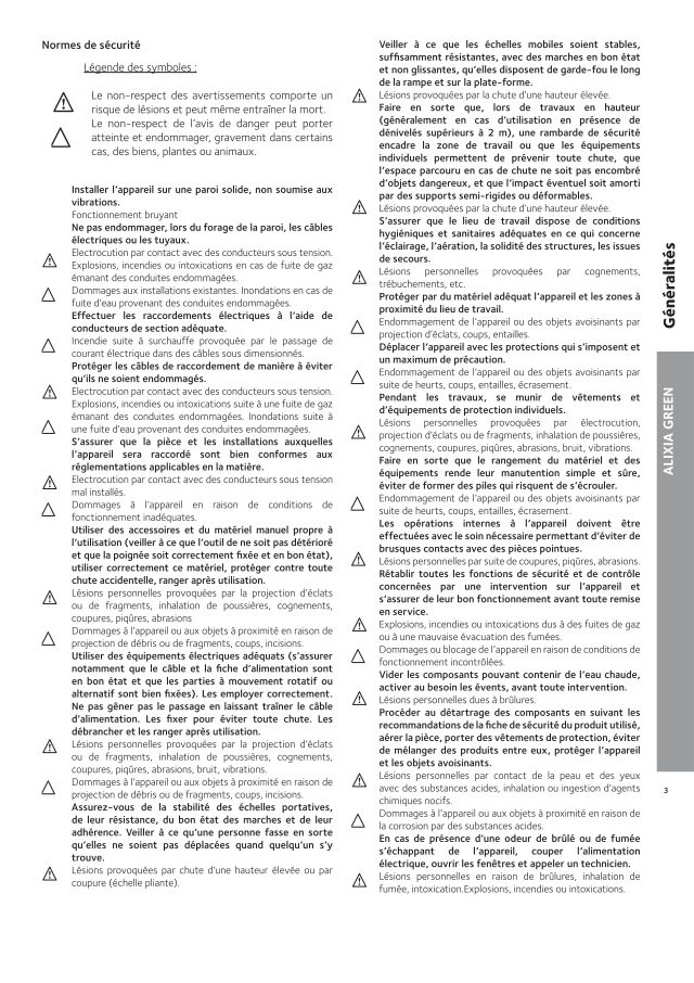 Première page : Tableau des paramètres Chaffoteaux ALIXIA GREEN 24 FR BE