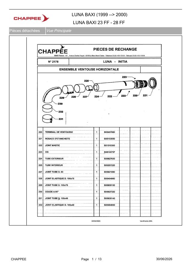Premiere page : Vue éclatée et pièces détachées Chappee LUNA 28 FF