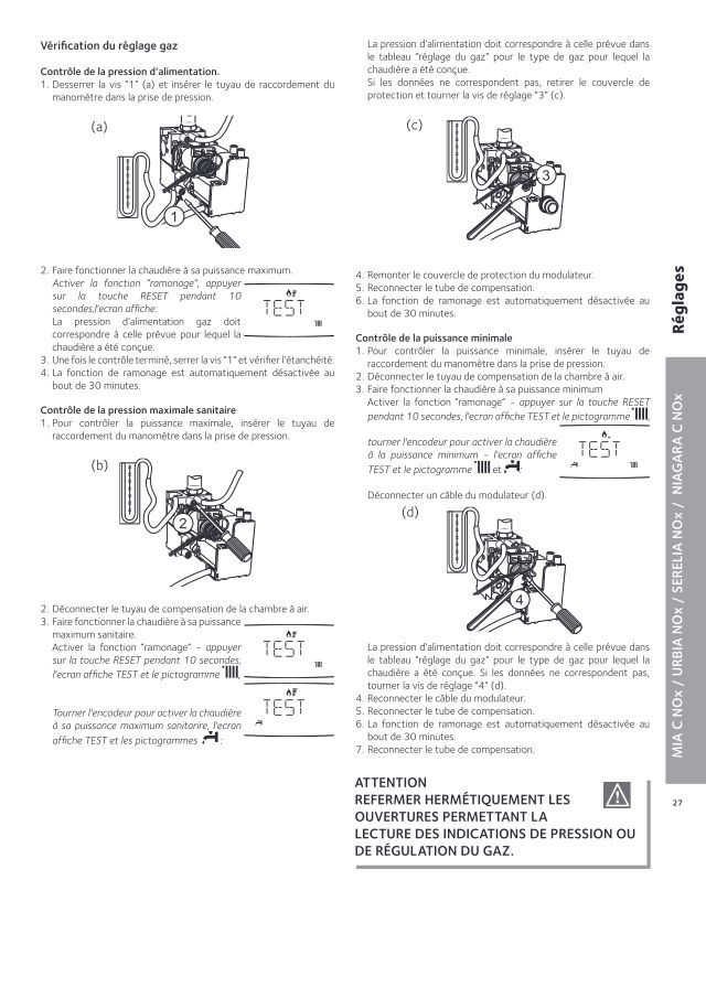 Première page : Reglages combustion Chaffoteaux NIAGARA C NOx 25