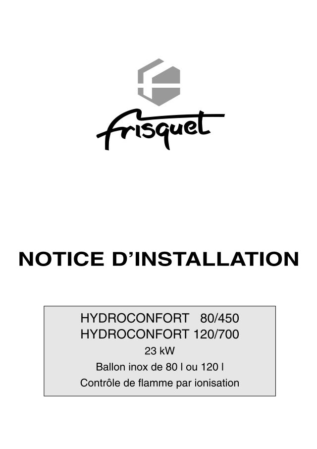 Première page : Notice d'installation Frisquet HYDROCONFORT 23 KW 80/450 @9603000-0009000
