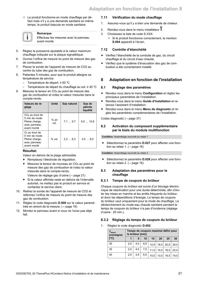 Première page : Tableau des paramètres Saunier Duval ThemaFast H-Condens 36-CF/1